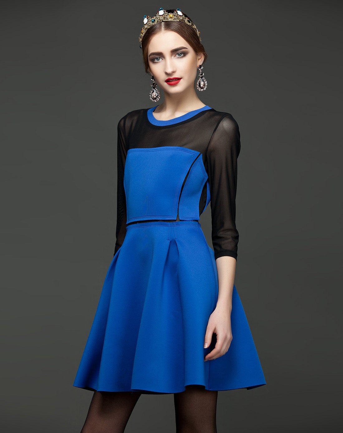 蓝色透视性感拼接打底百搭连衣裙