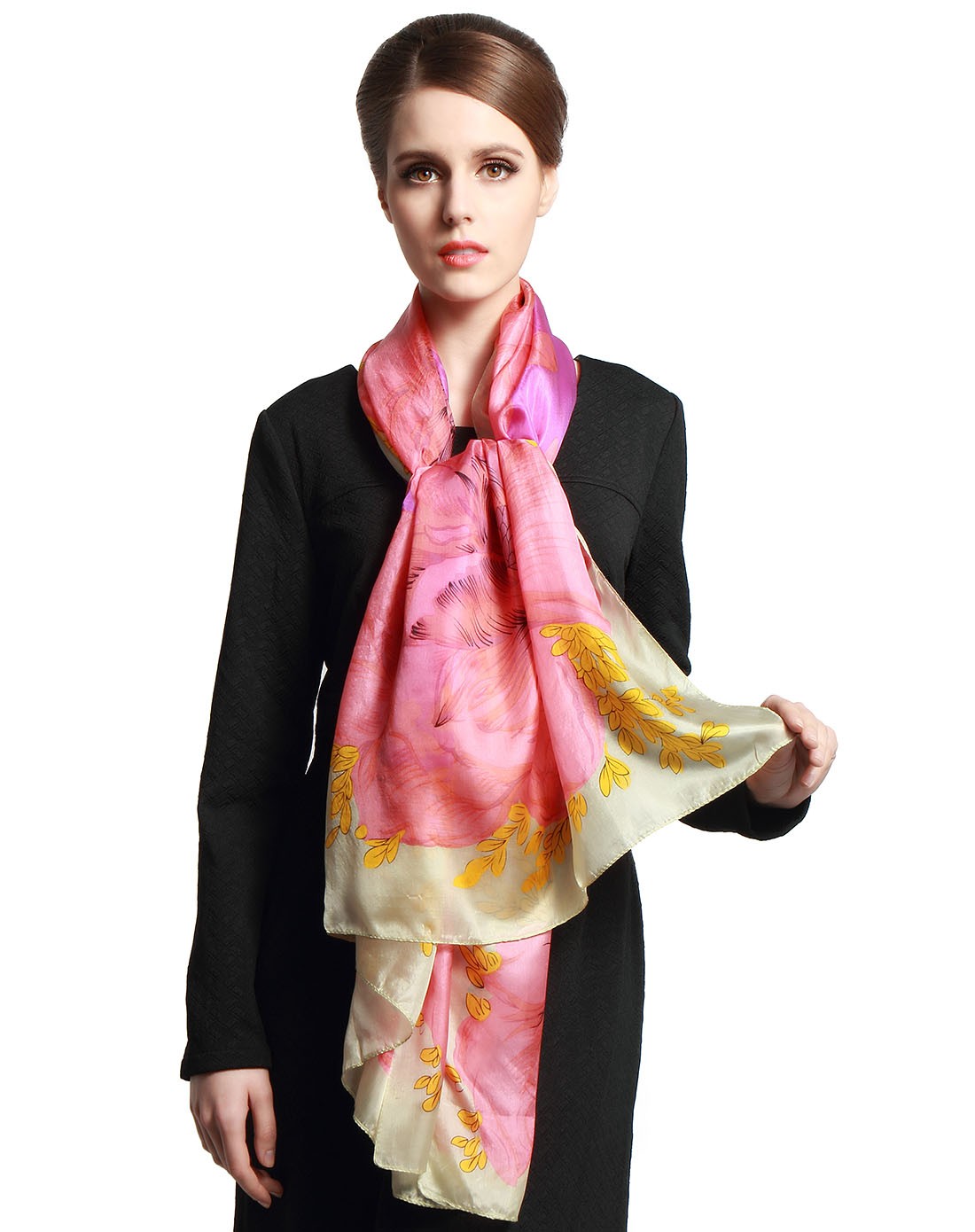 加宽花开富贵桑蚕丝多彩印花长丝巾女性皮红