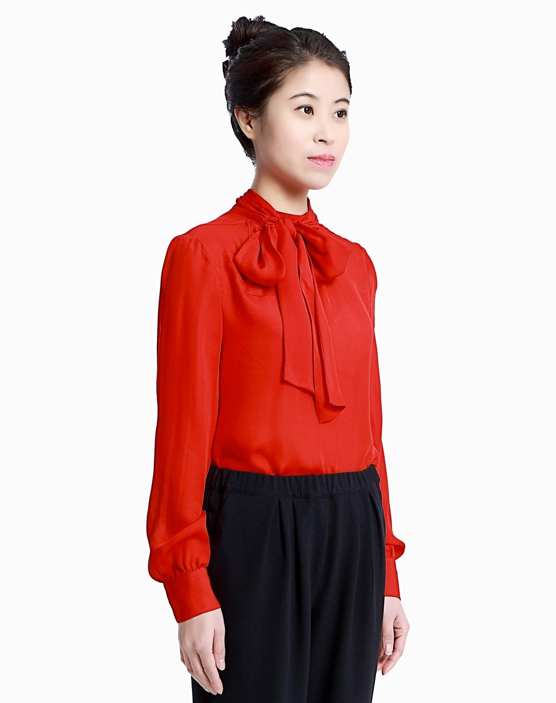 悦洋红系带领长袖衬衫