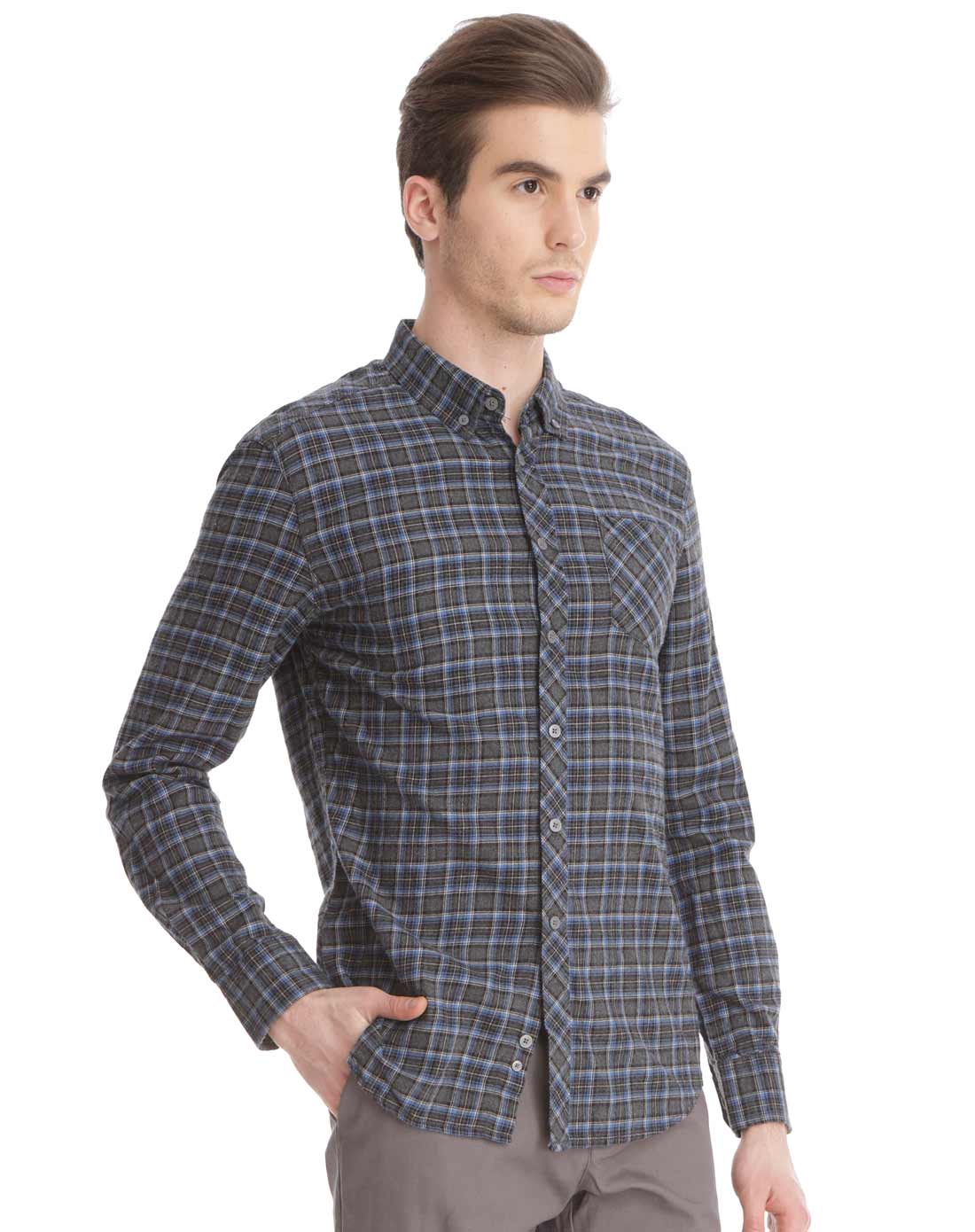 浅紫蓝时尚英伦风格子长袖衬衫