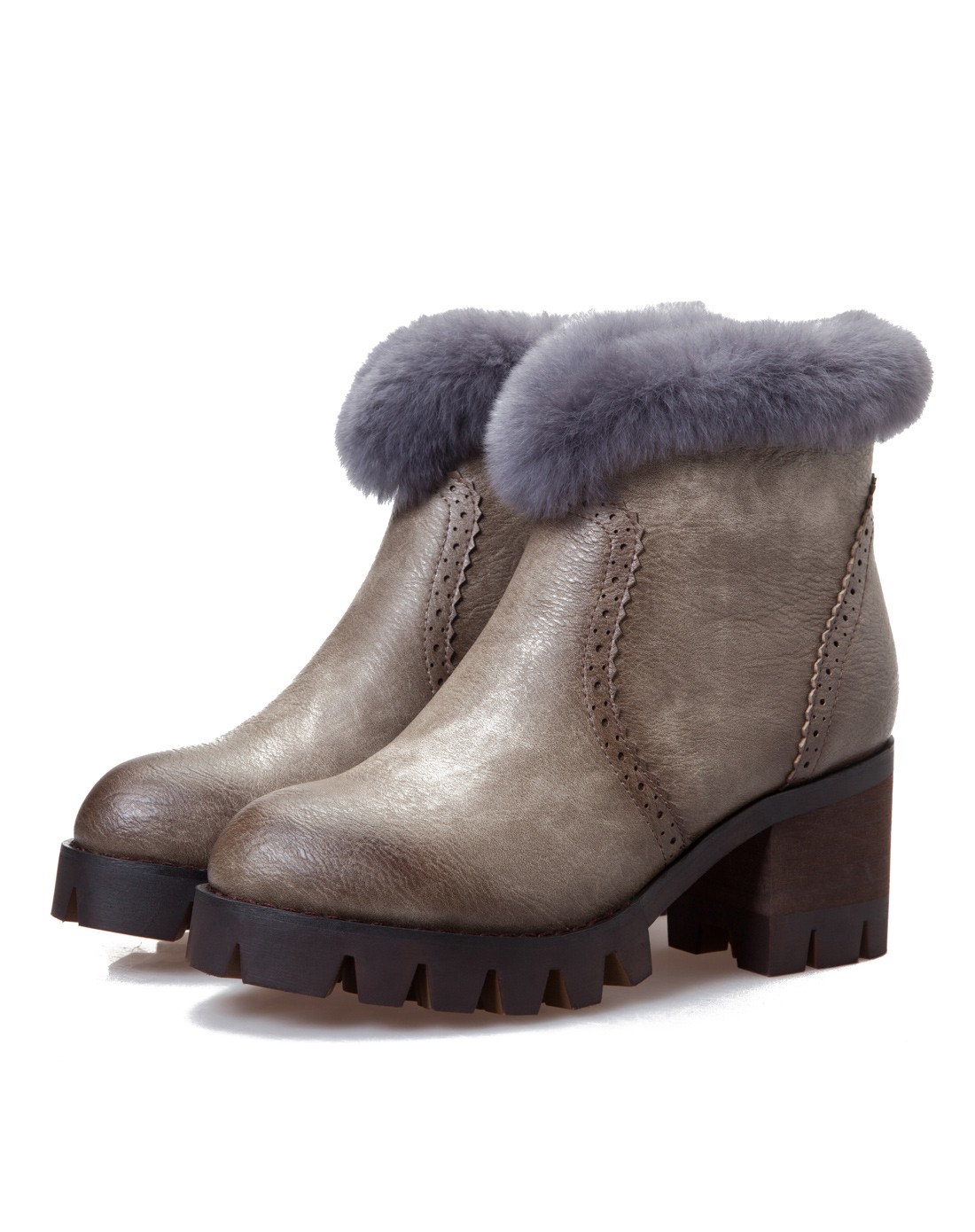 冬季擦色粗跟侧拉链灰色女短靴