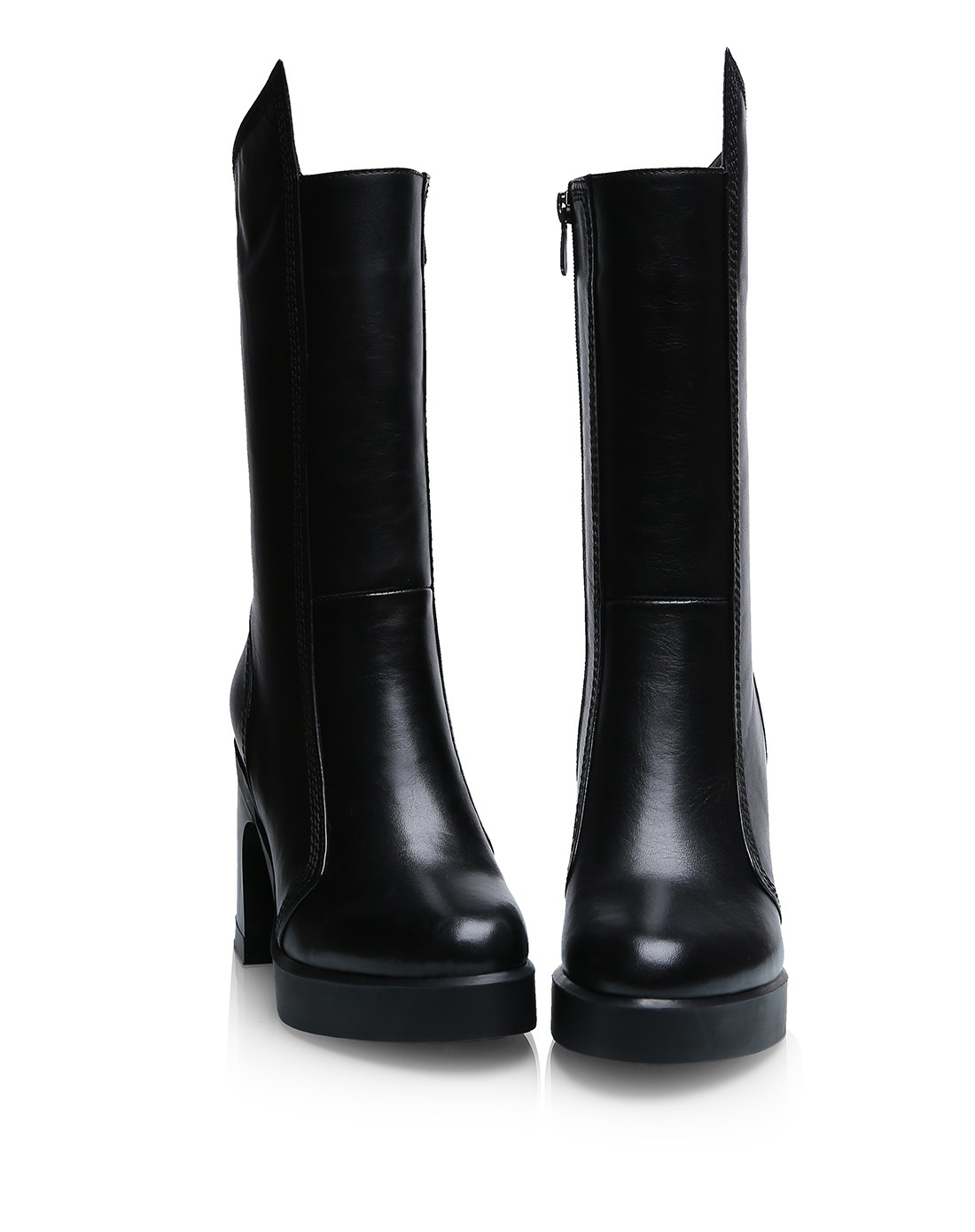 女款黑色头层牛皮时尚高低口中筒骑士靴