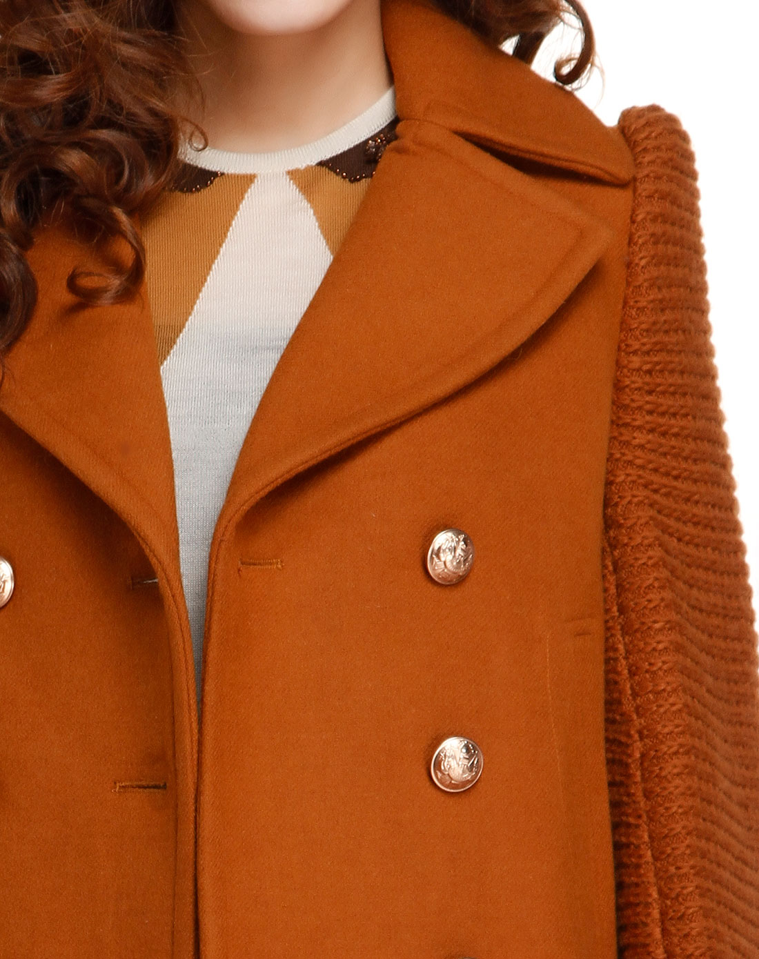 褐黄色双排扣拼接长袖中长款大衣