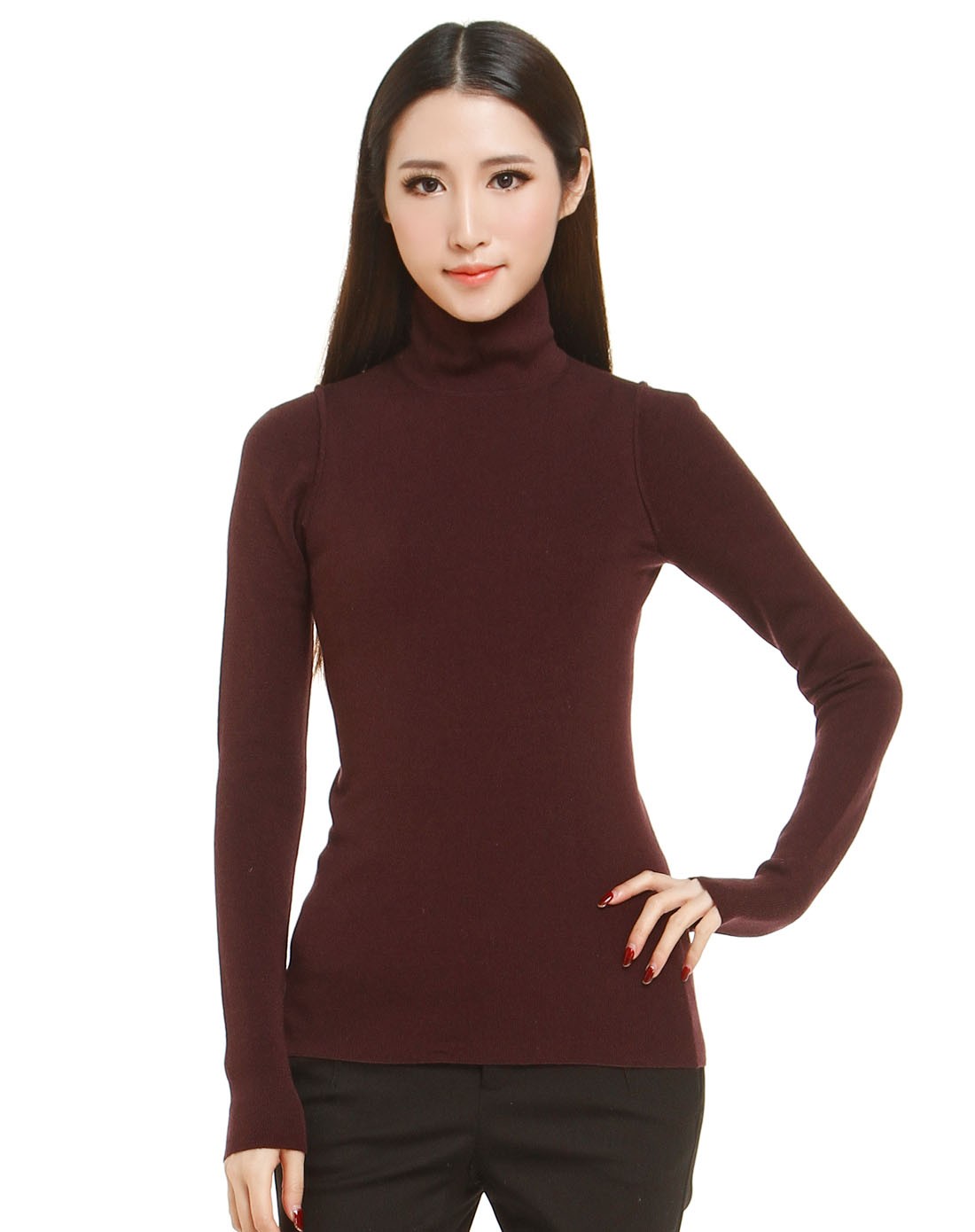 深紫红色简洁百搭休闲长袖针织衫