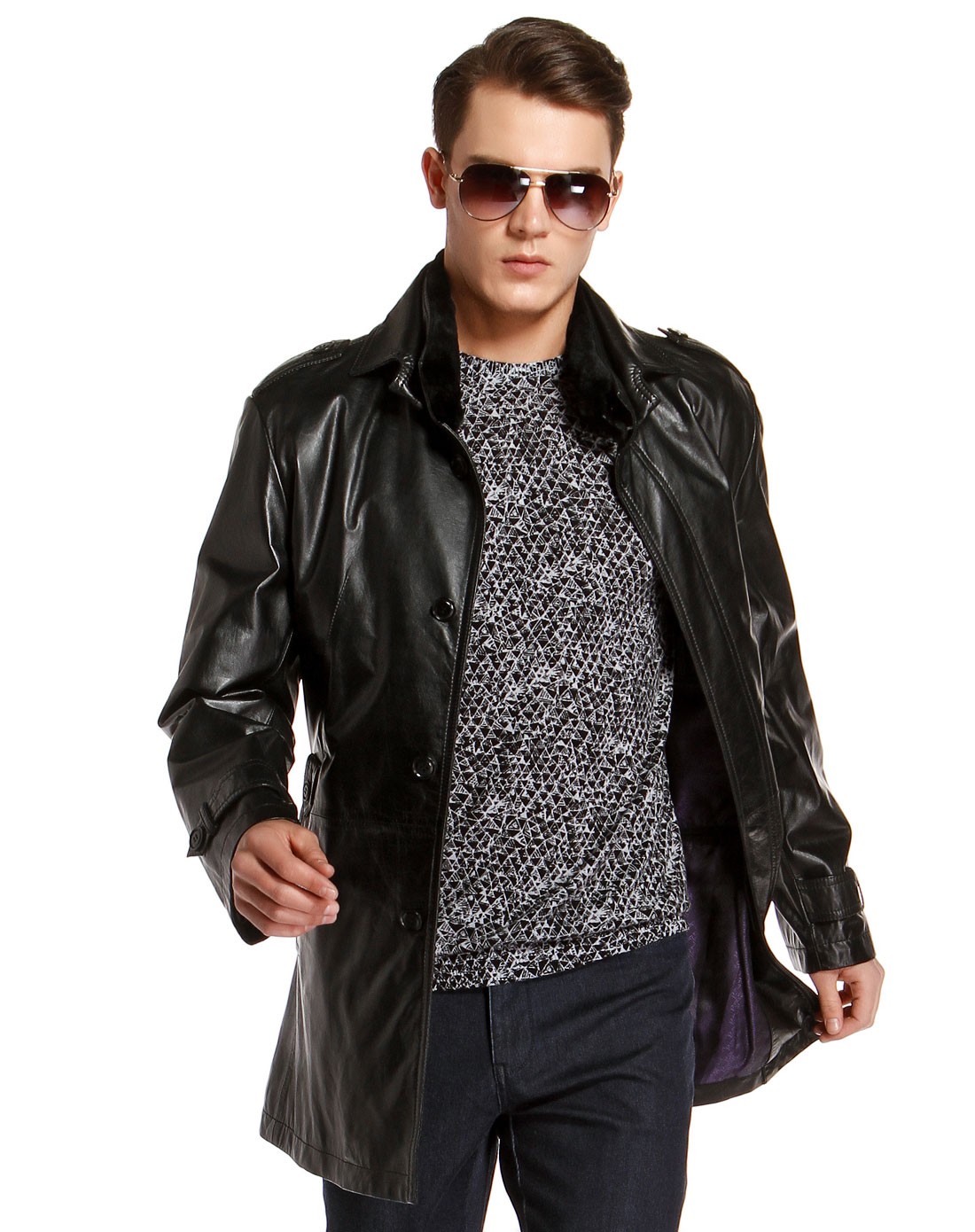 黑色简约经典长袖皮衣