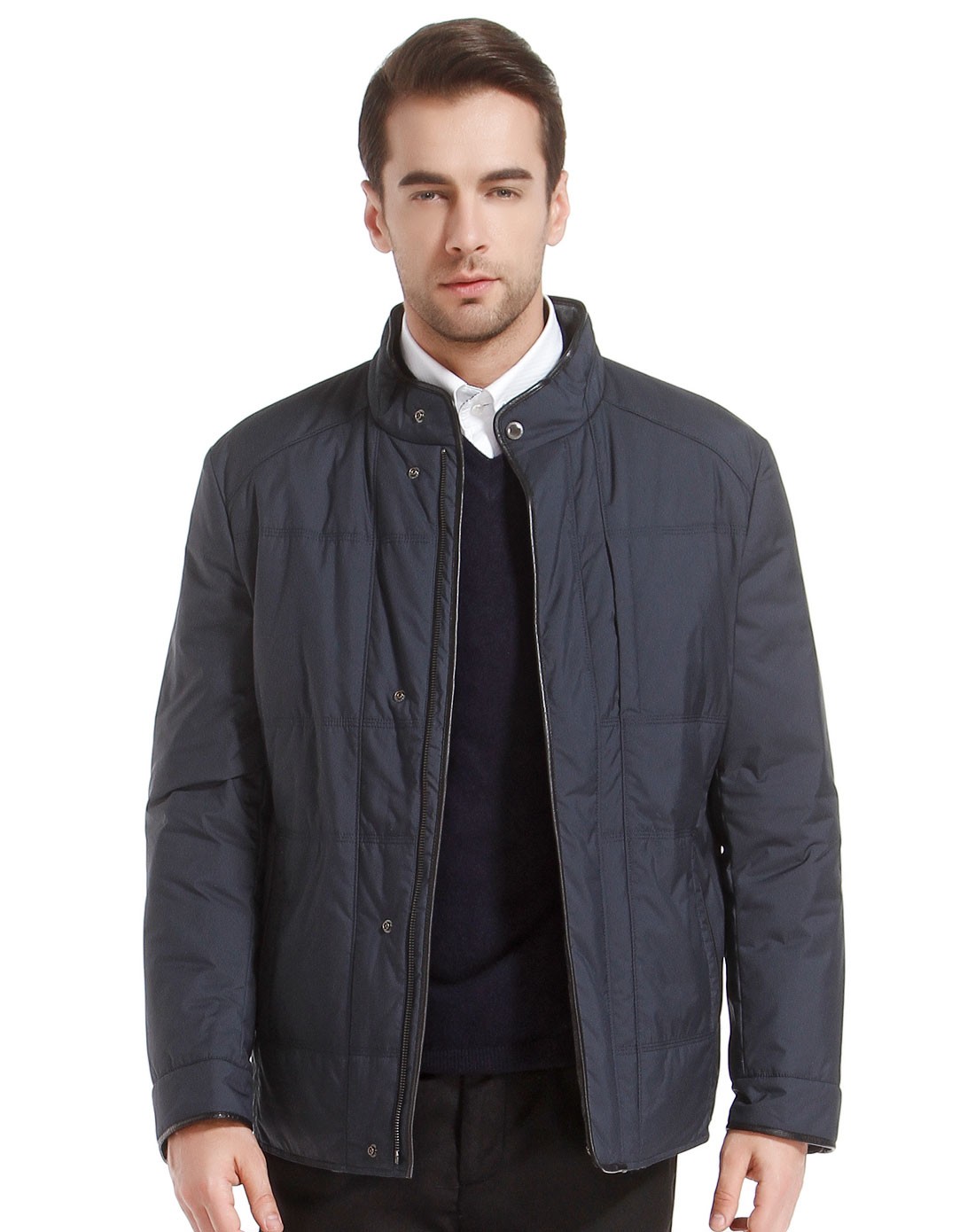 尼诺里拉ninoriva男装专场 > 深蓝色商务稳重立领长袖羽绒服