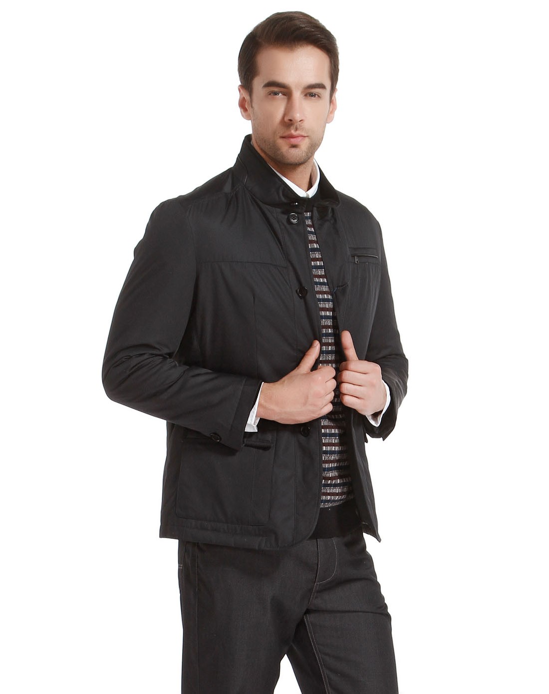 尼诺里拉ninoriva男装专场 > 深灰蓝色简约休闲立领长袖羽绒服