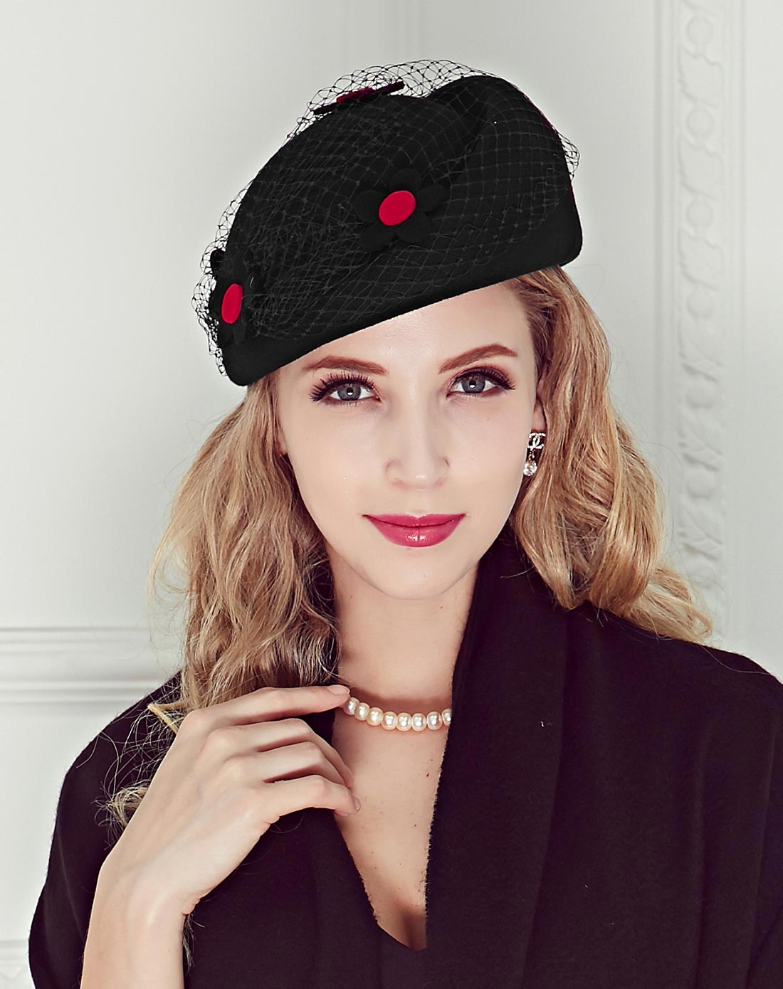 优雅宫廷小花朵网纱羊毛小毡帽