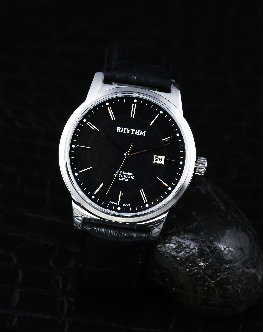 丽声rhythm手表专场 > 2015专柜同步款 机械男式腕表 黑色表盘 真皮