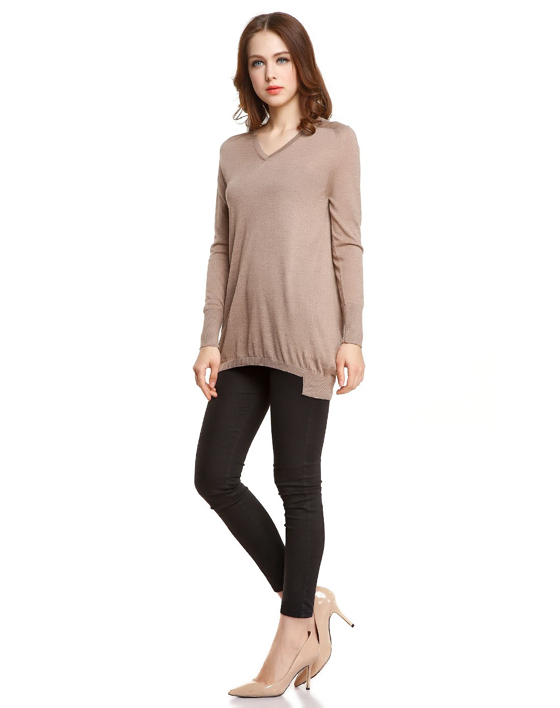 女款深杏色休闲舒适v领长袖中长款针织衫