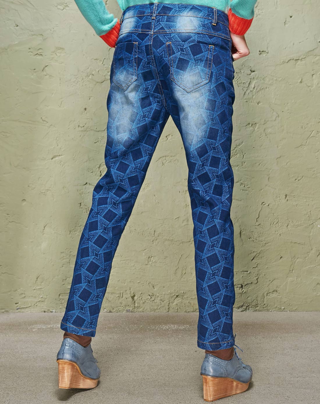 机会 花纹水洗做旧文艺牛仔裤