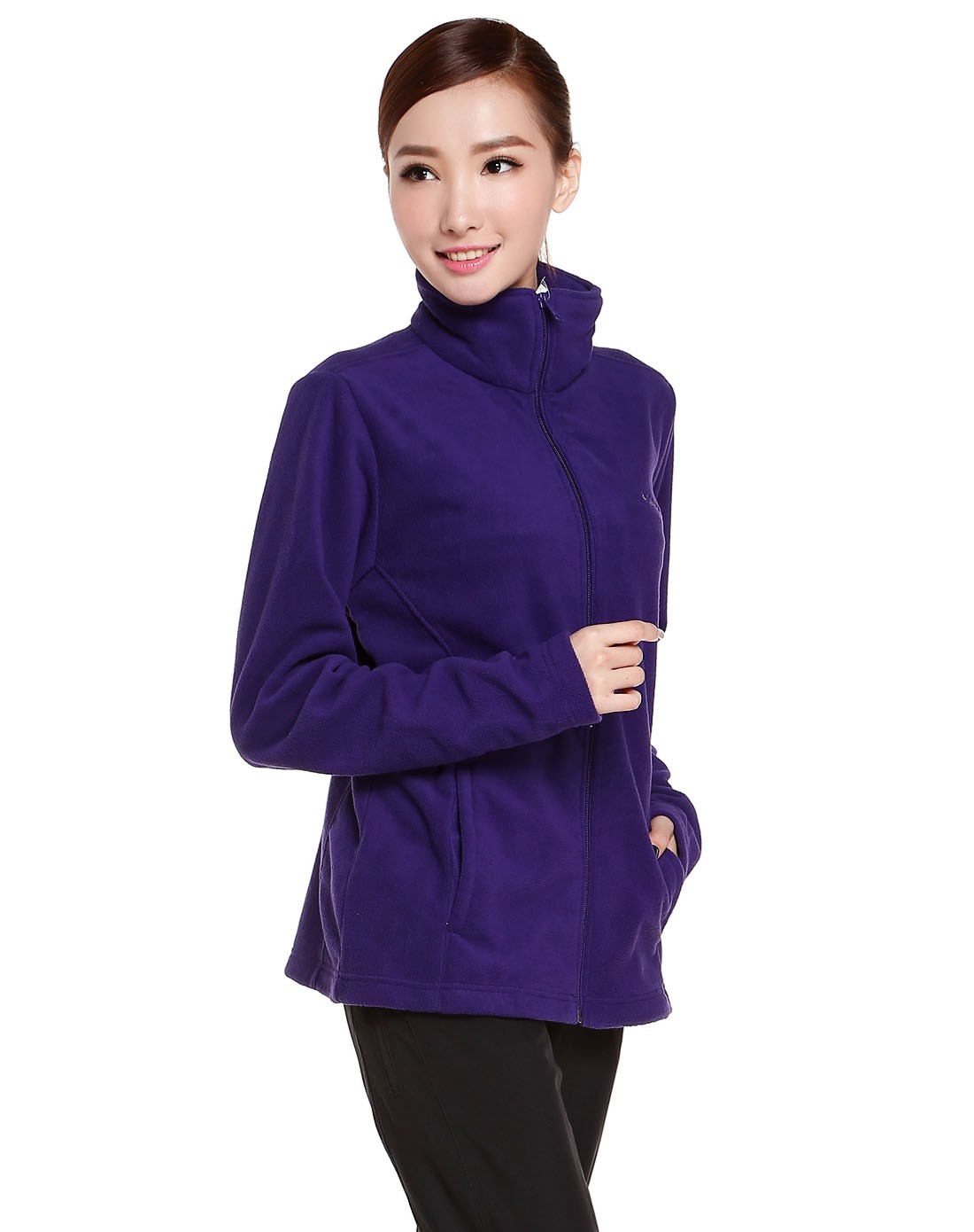 女款紫色长袖抓绒衣 开襟柔软舒适