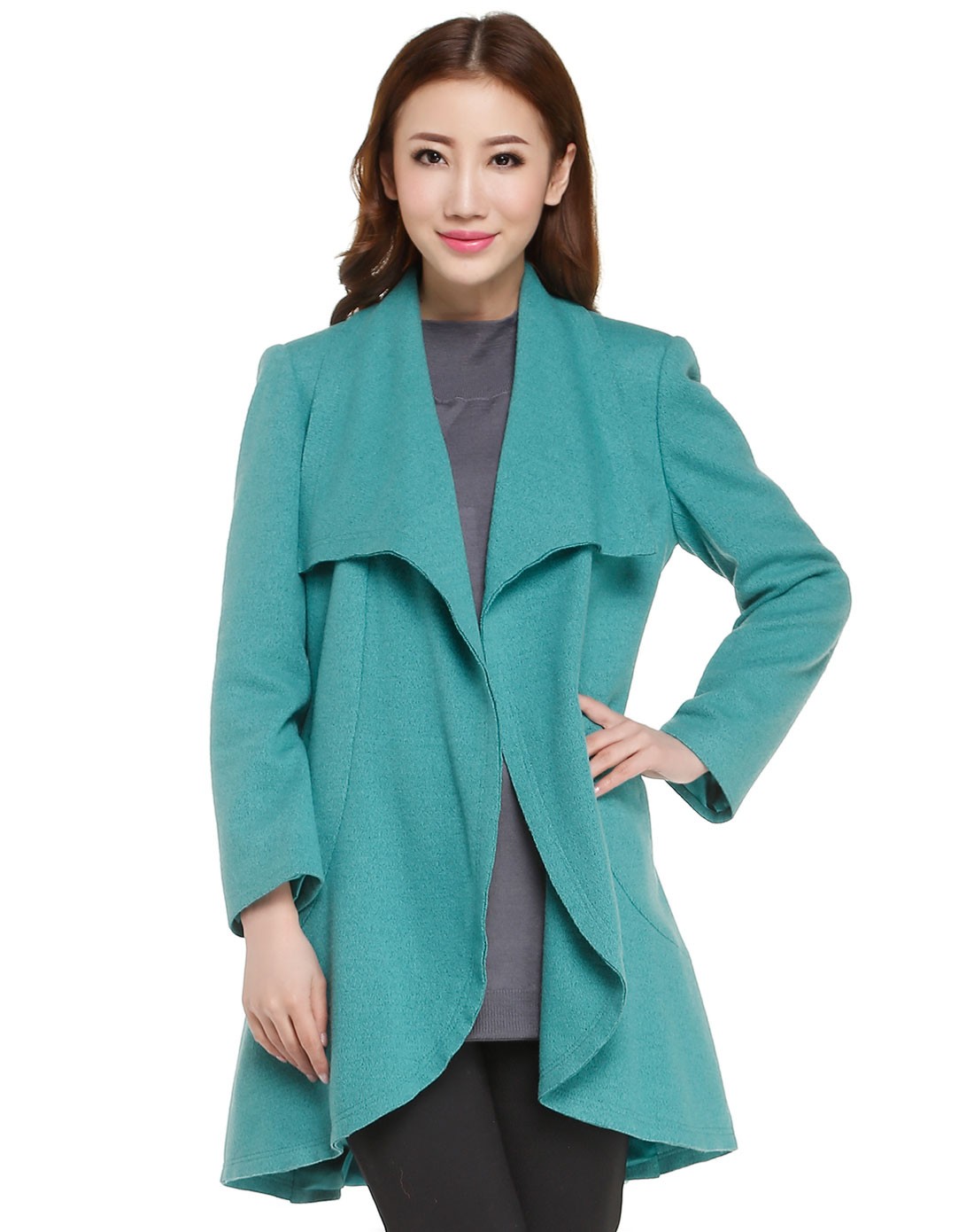 青绿色大翻领通勤长袖羊毛大衣