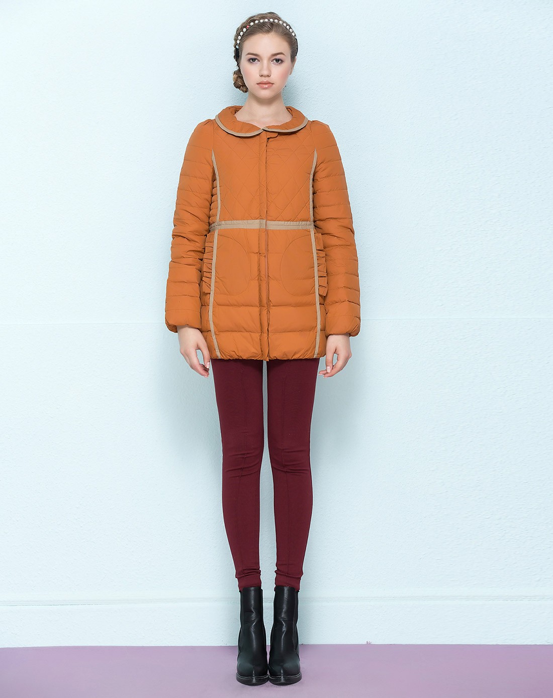 showy&co.橙黄色复古怀旧长袖中长款羽绒服s24y484o0_唯品会