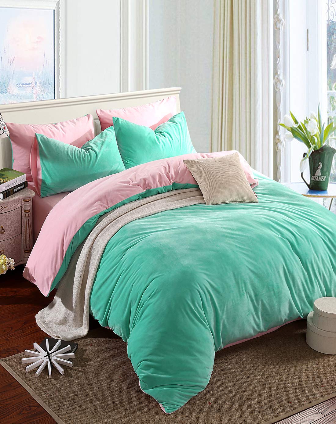 dieu家纺专场水晶超柔四件套1.5米-湖蓝配浅粉sj20150023_唯品会