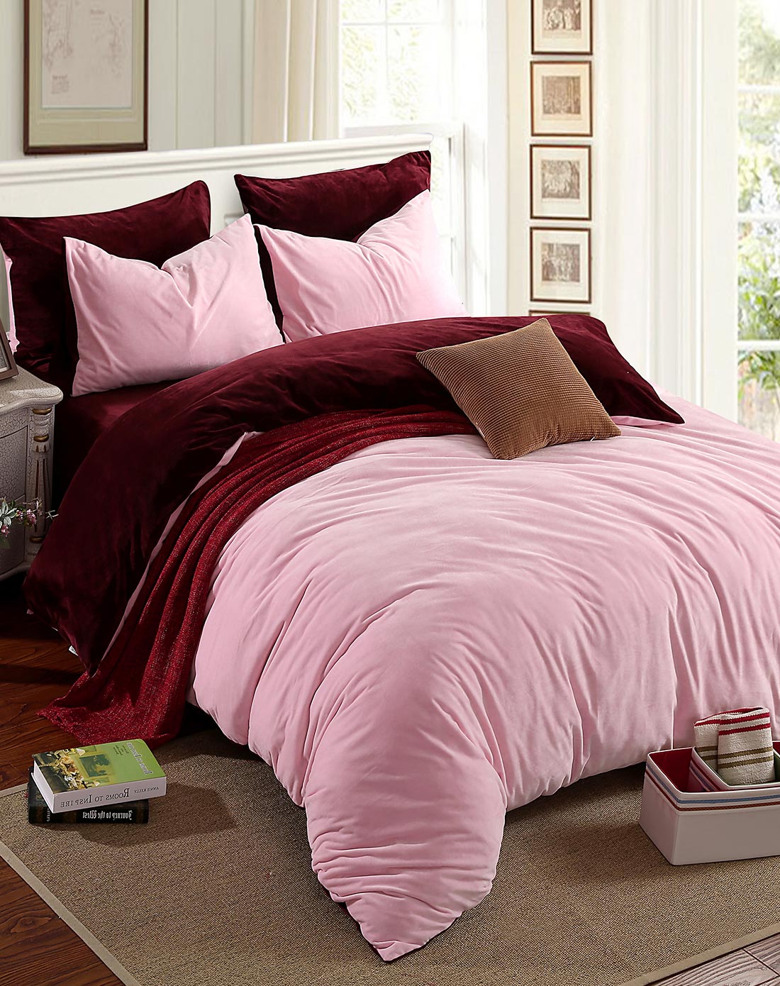 dieu家纺专场水晶超柔四件套1.8米-浅粉配酒红sj20150038_唯品会