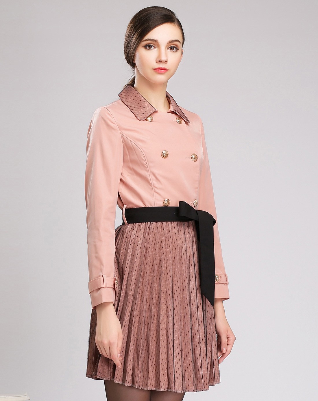 褐粉色长袖时尚优雅气质连衣裙