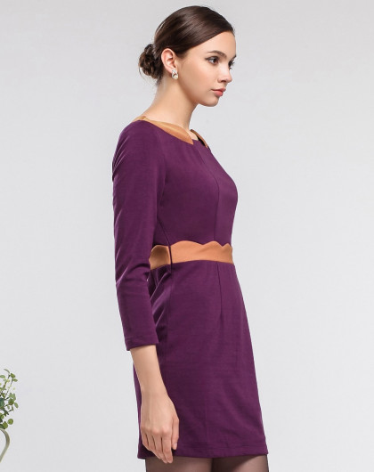 紫咖啡色九分袖中腰修身连衣裙