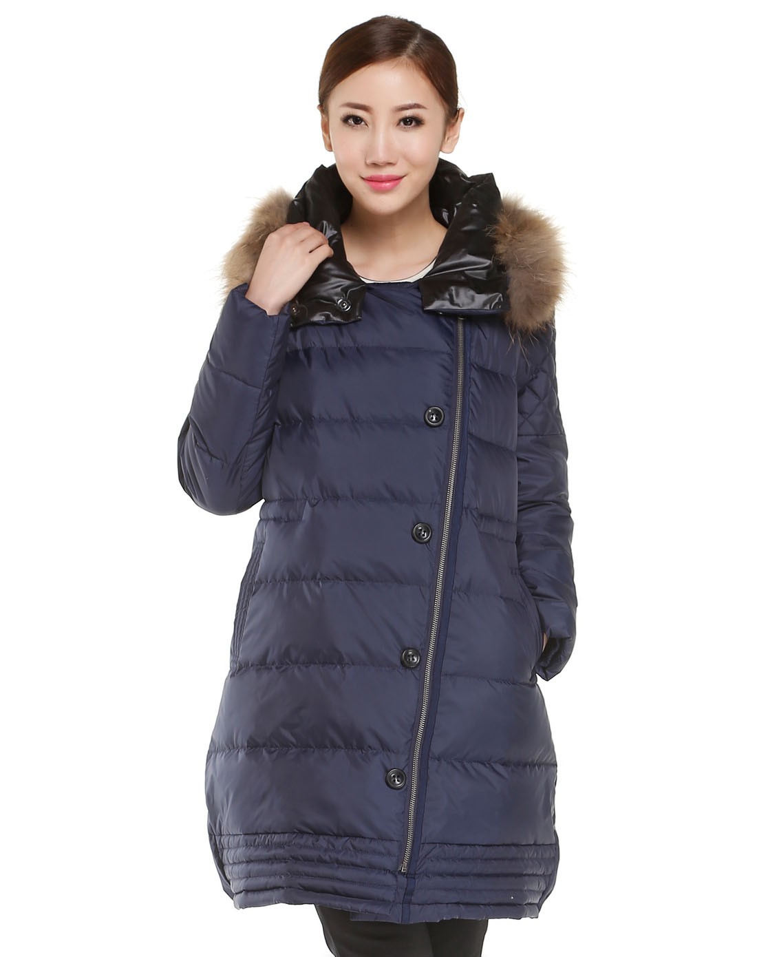 艾维ivy/kki女装专场 深蓝斜门襟中长茧型羽绒服