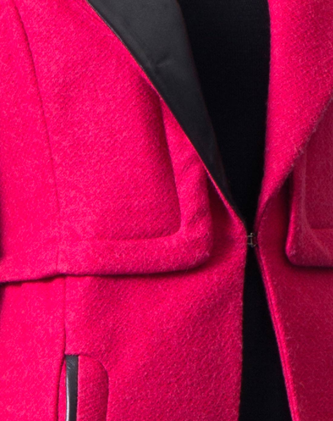 女款鲜玫色时尚呢料拼真皮中长外套