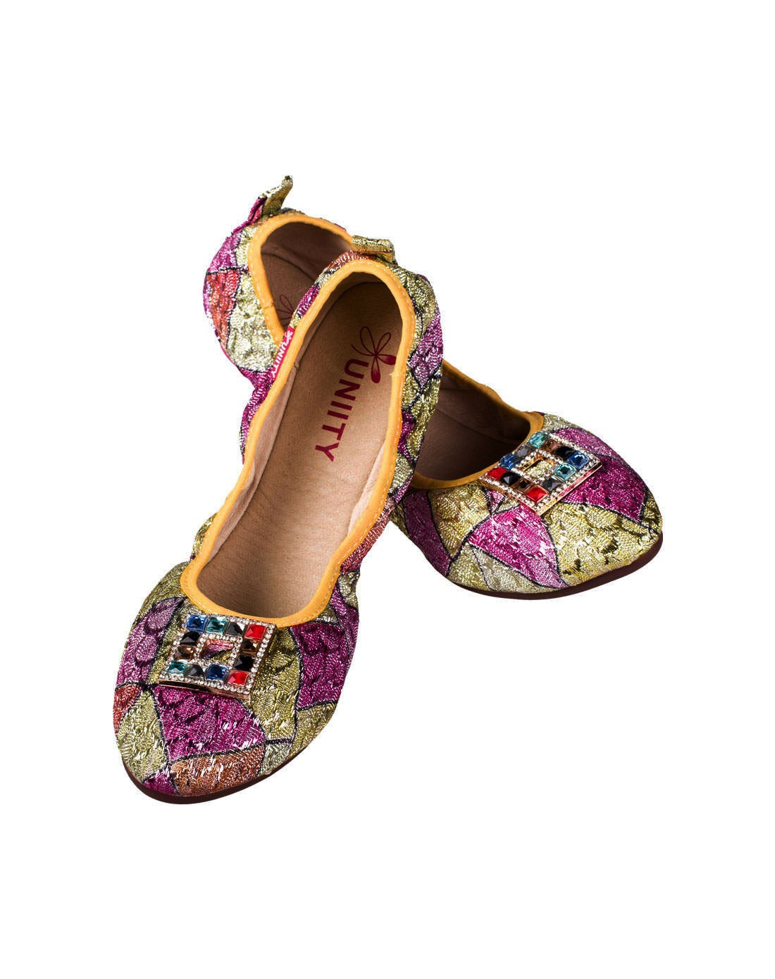 uniity黄红色布面真皮里五彩鉓扣时尚心卷鞋432302_唯品会