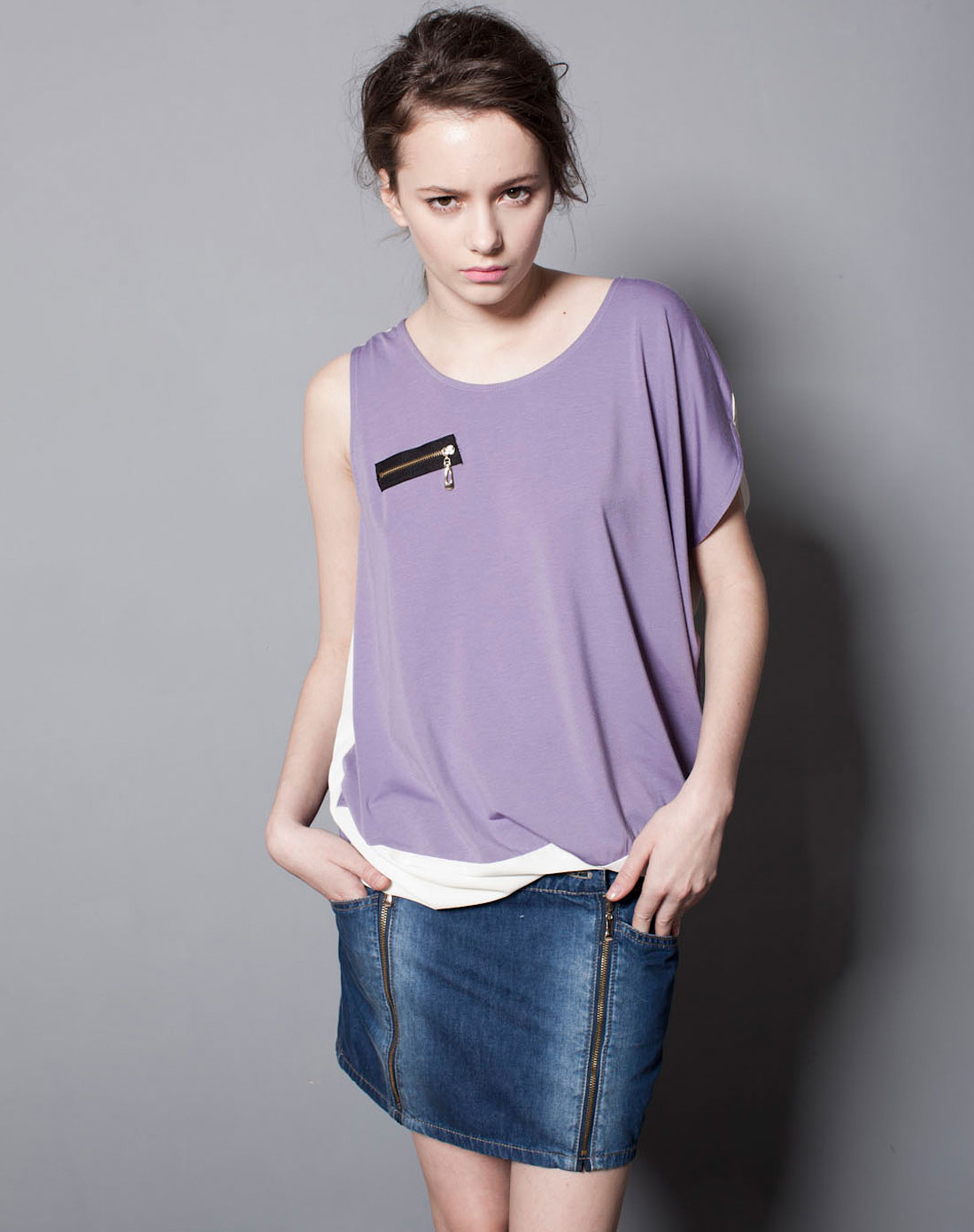 紫灰色复古不对称长t恤