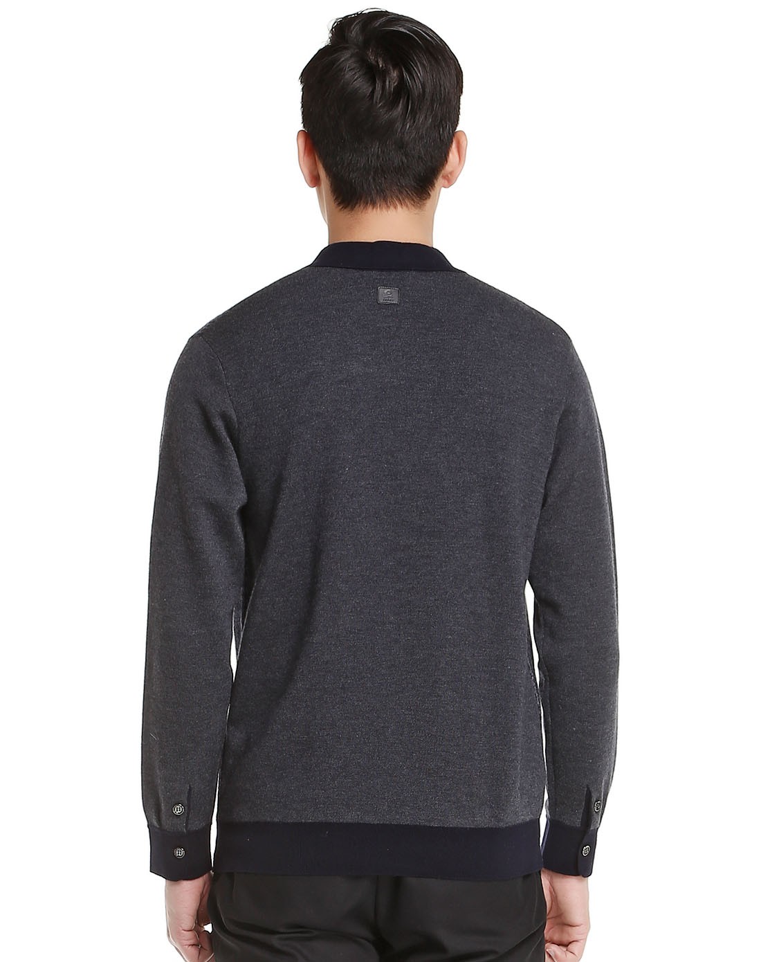 深蓝/灰色成熟翻领100%山羊绒长袖针织衫