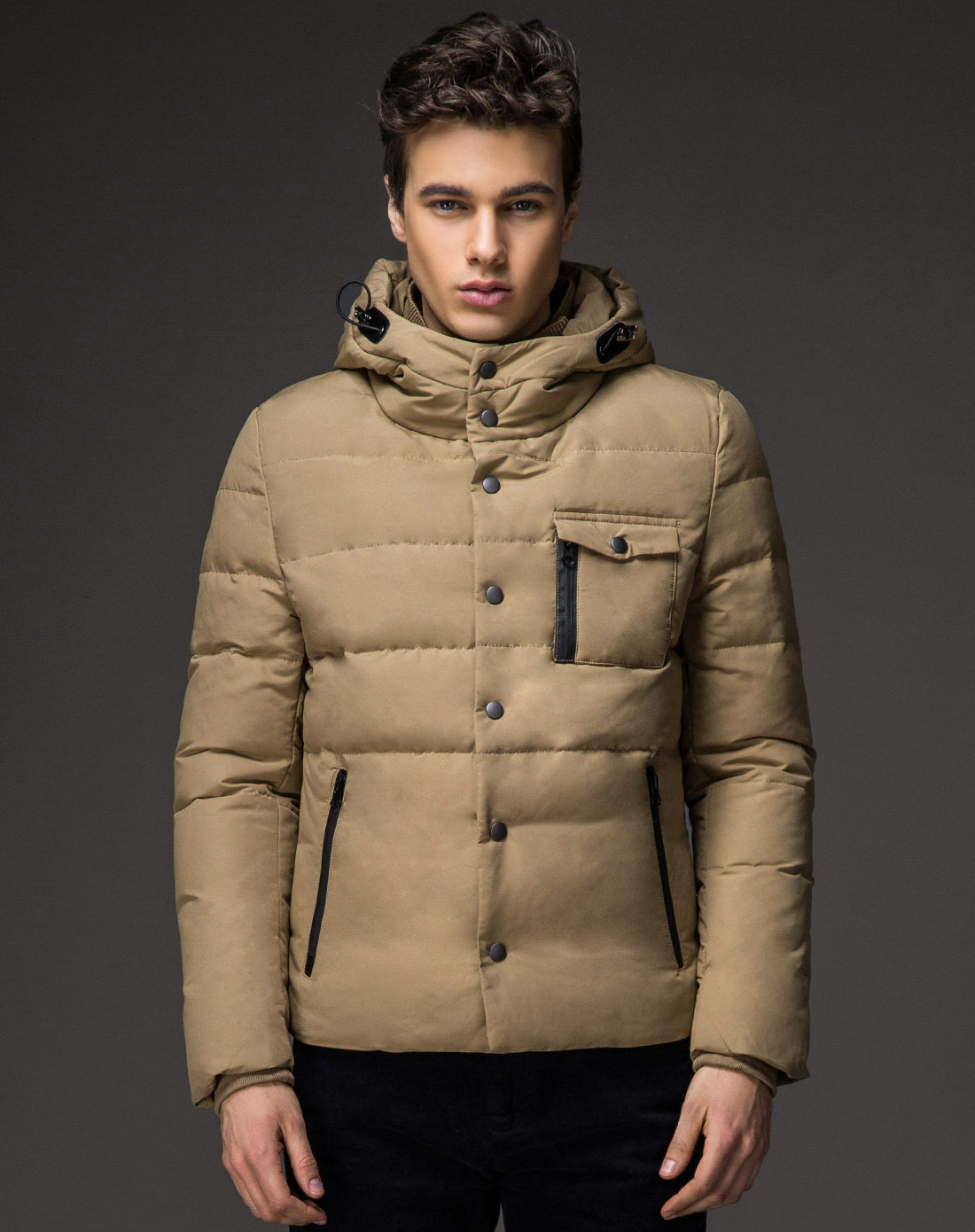 男士深卡其色连帽羽绒服