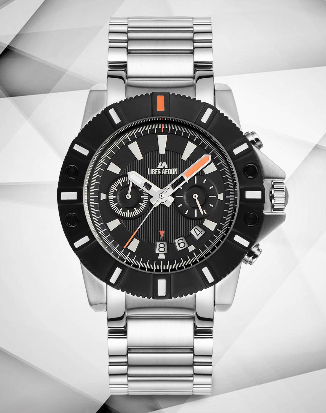 励柏艾顿liber aedon手表专场 > 乔治巴顿系列黑盘银带多功能全钢运动