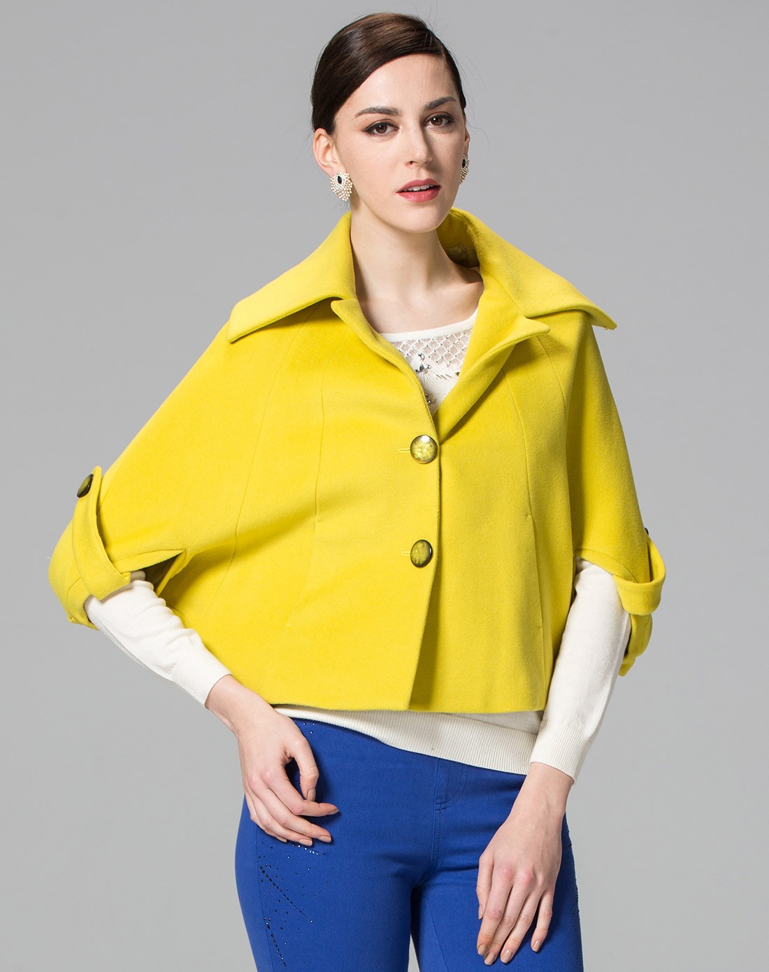 施华布朗sevablm柠檬黄100%羊毛蝙蝠袖大衣s17d9d009852_唯品会