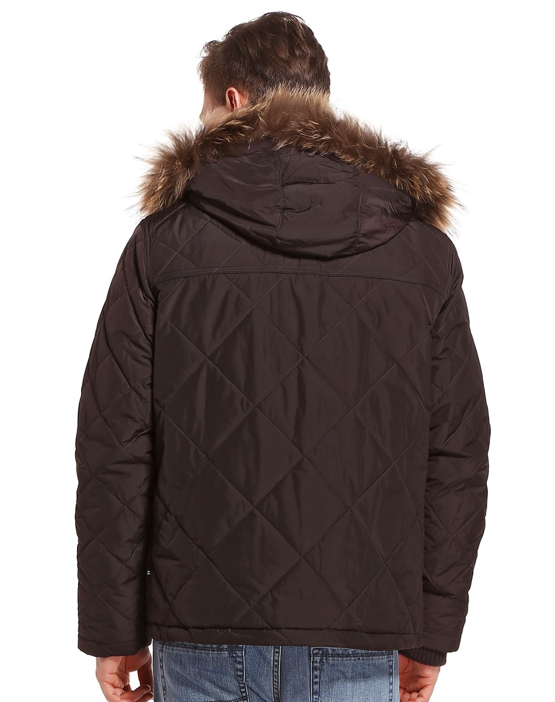 黑咖啡色休闲连帽简洁拉链长袖棉服