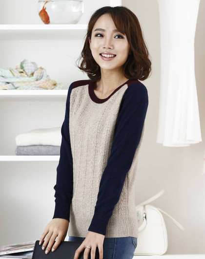 女款木色100%山羊绒圆领套衫