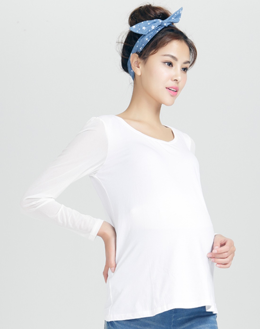 孕之彩loveincolors孕妇装专场-白色网纱袖基本款长袖t恤