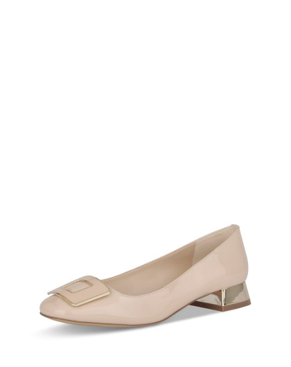 肉色欧美女款平底鞋金属方跟漆皮单鞋