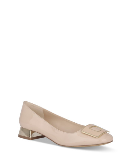 肉色欧美女款平底鞋金属方跟漆皮单鞋