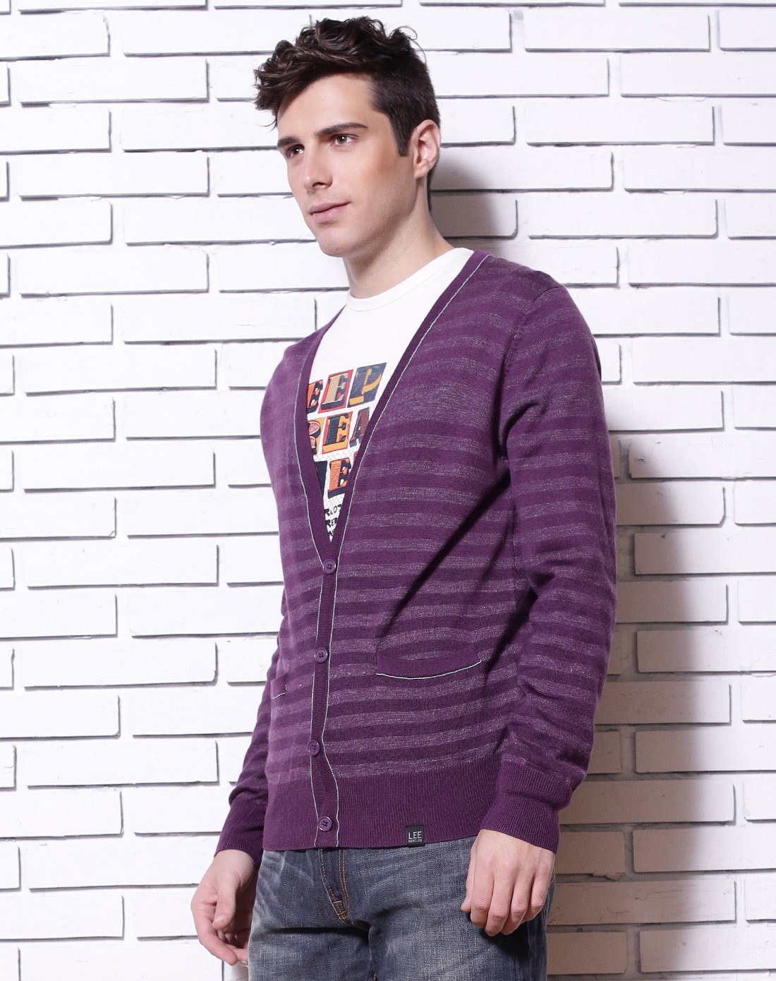 lee男女装男装紫色休闲条纹开襟长袖针织衫l10073218116_唯品会