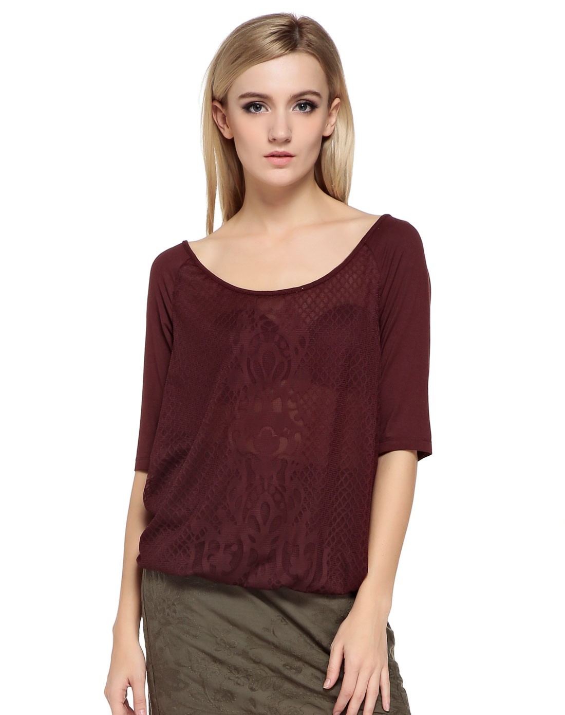 棕啡色淑女时尚中袖上衣