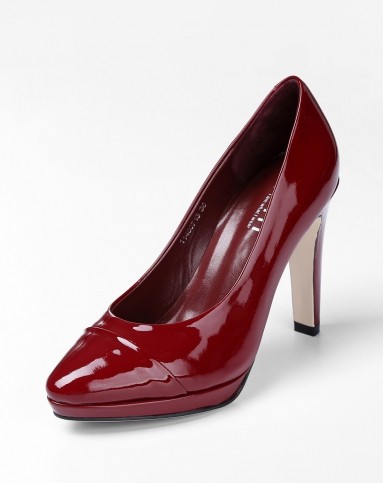 法国红尖头亮面漆皮牛皮细高跟单鞋