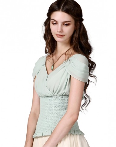 罗马袖交叉领雪纺衫