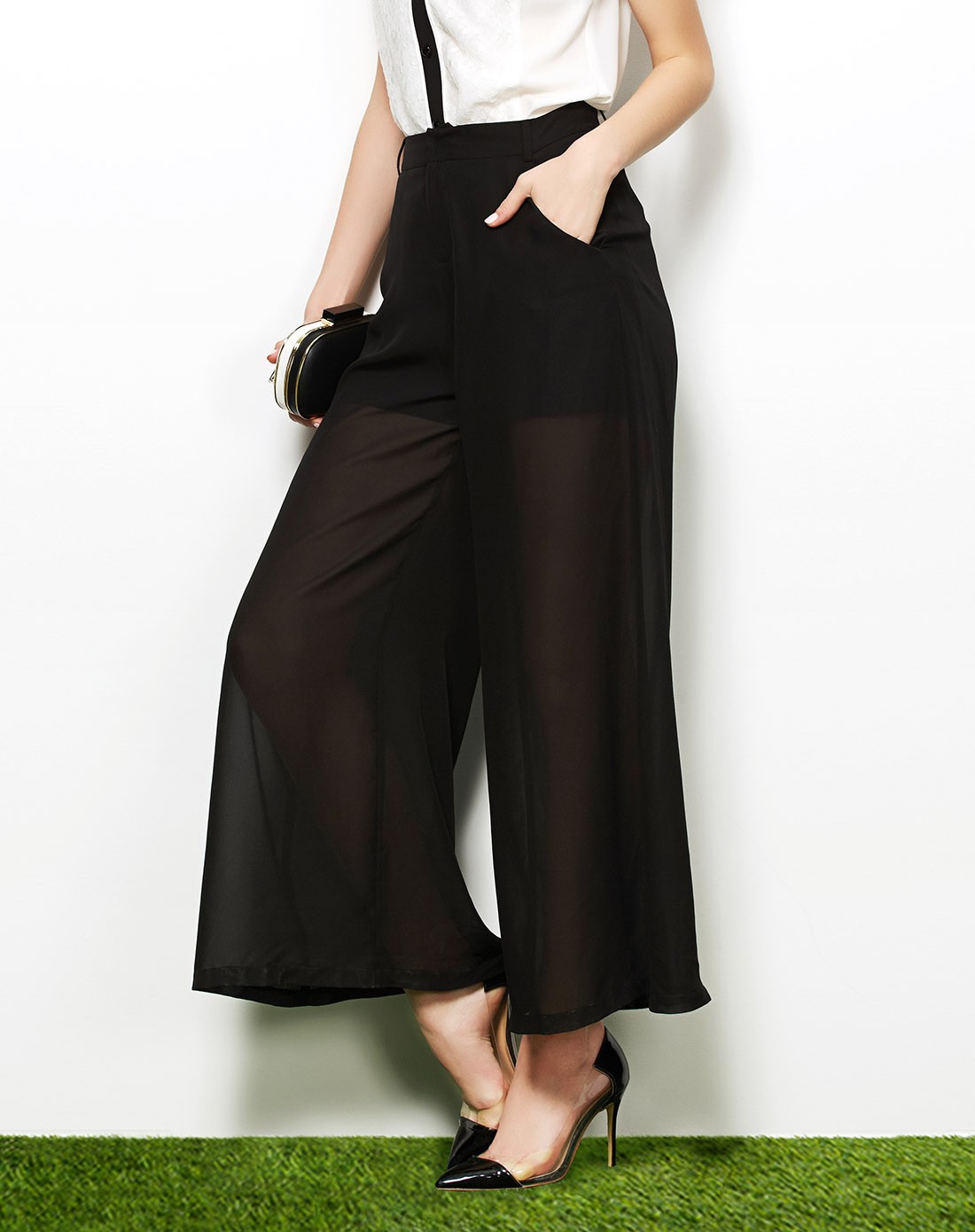 黑色气质ol薄纱长裤