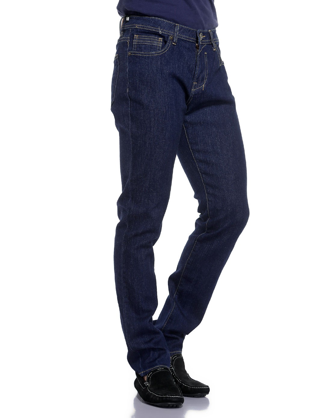 藏青色棉质中腰休闲牛仔裤