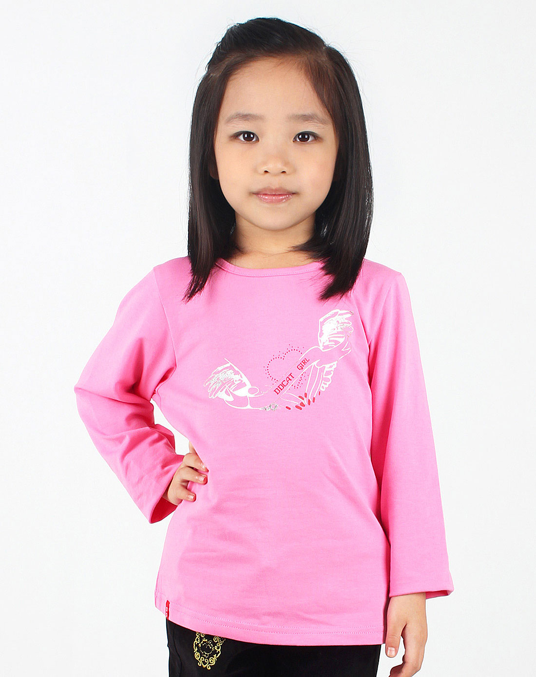 女童浅玫红色圆领休闲长袖t恤