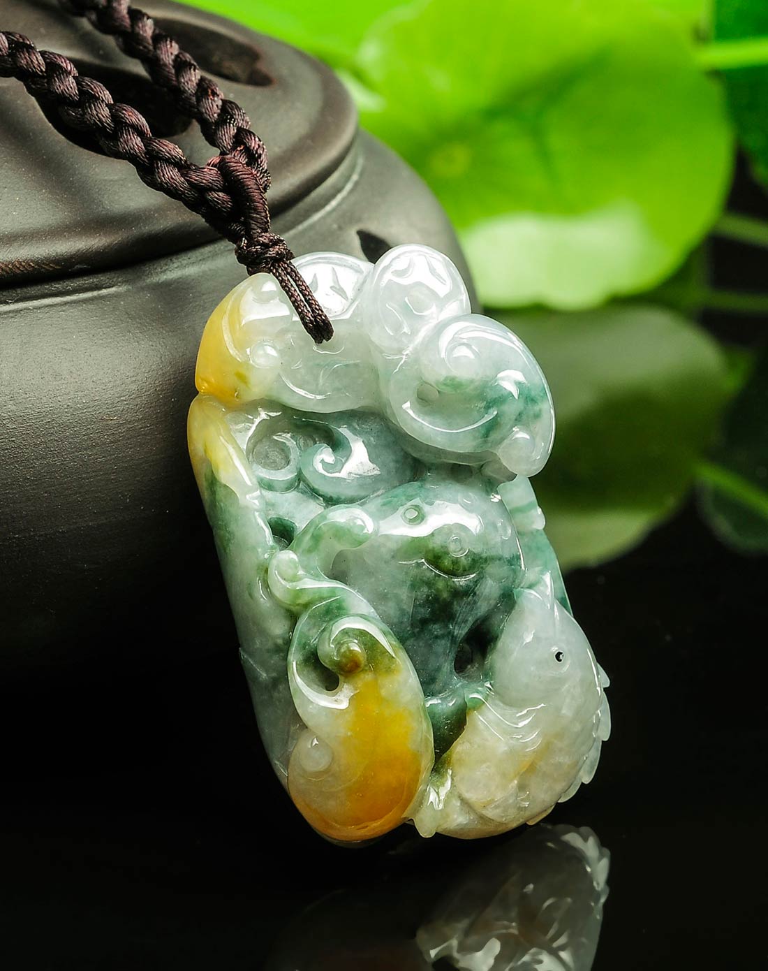 糯种饱满精雕黄绿双彩金玉满堂 天然翡翠a货挂件(附国检证书)