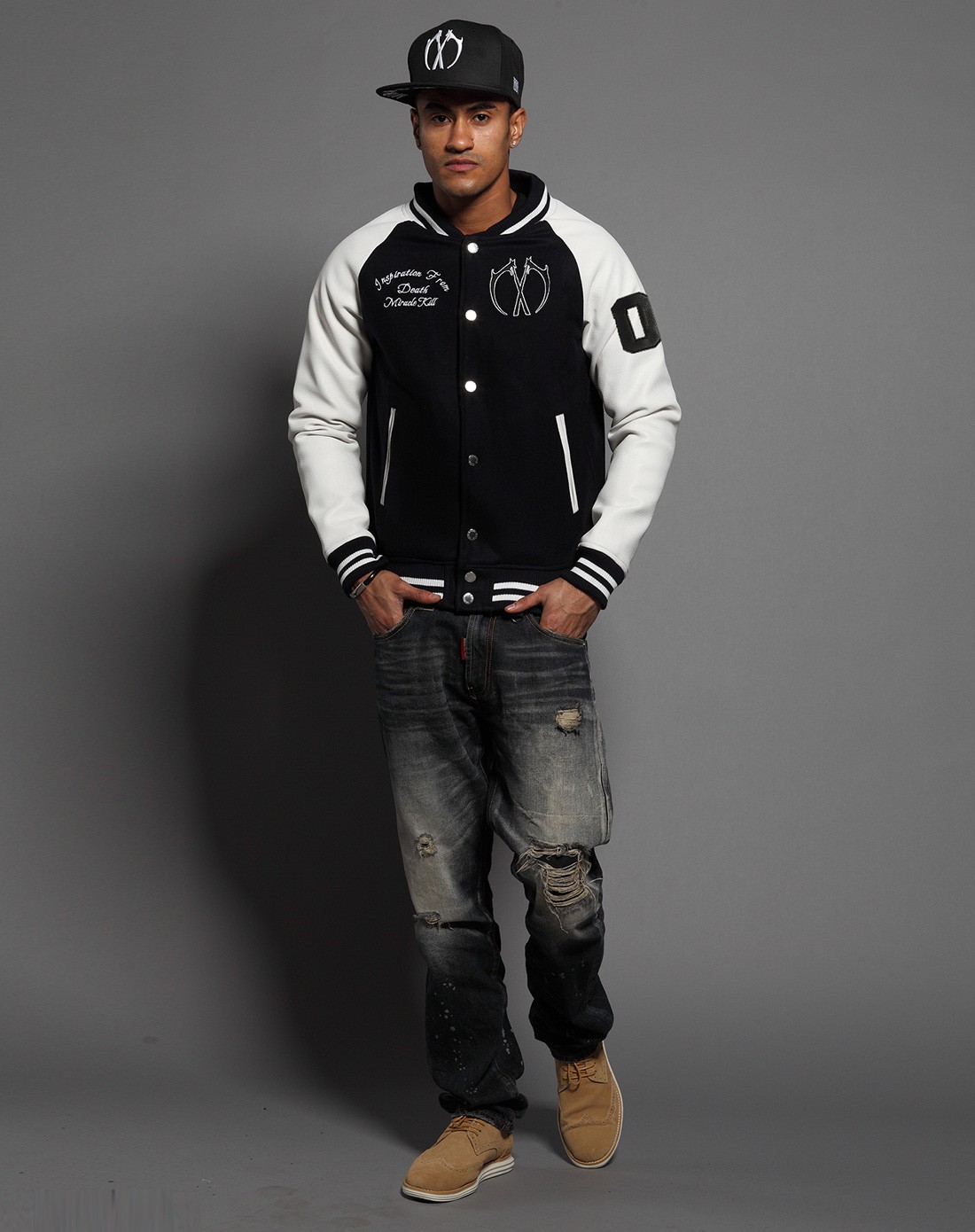 mk2015款双刀刺绣黑色白袖棒球服