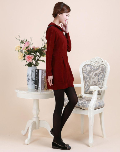 女款羊绒姜红色长款帽子拉链开衫