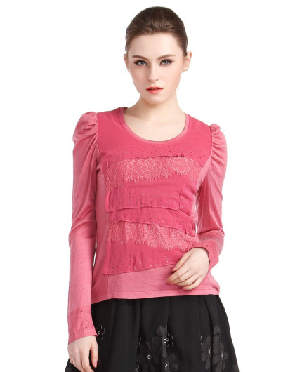 深粉红色织花烫钻长袖上衣