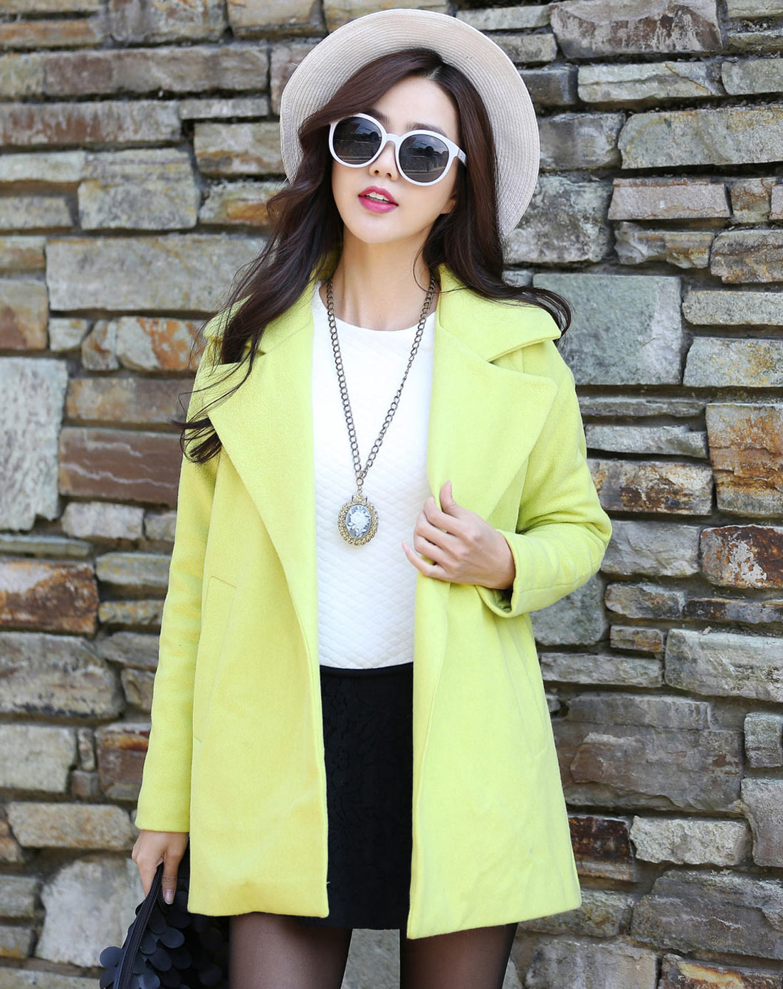 柠檬绿色长袖毛呢外套