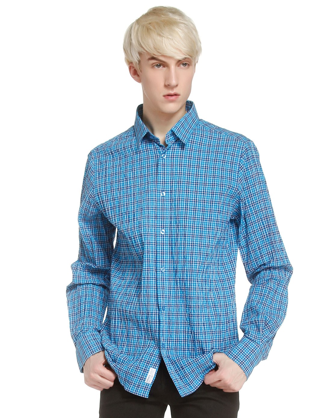 男款蓝色时尚格子长袖衬衫