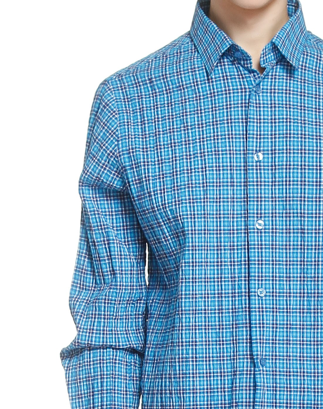 男款蓝色时尚格子长袖衬衫
