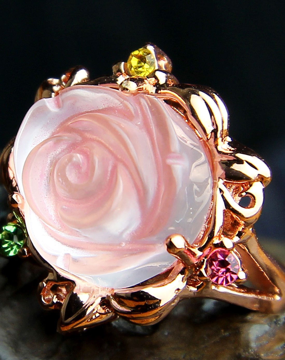 3a级天然粉水晶玫瑰花戒指附证书